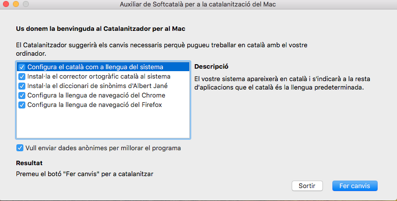 Captura de la interfície del Catalanitzador per a macOS.