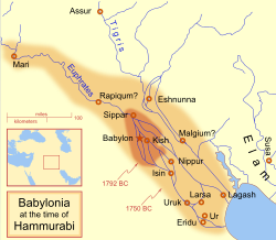 The extent of the Babylonian Empire at the start and end of Hammurabi's reign, located in what today is modern day Kuwait and Iraq