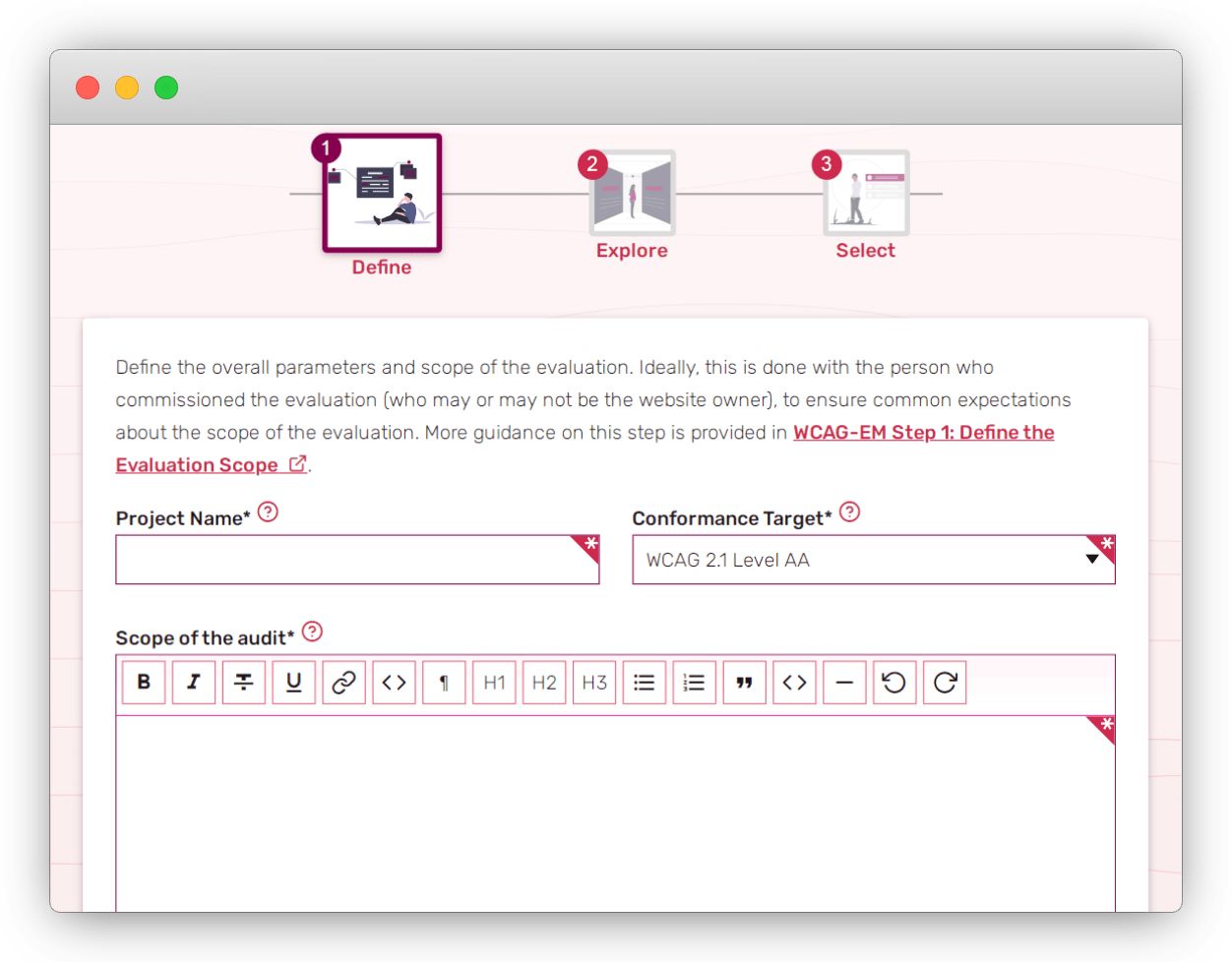 Screenshot of the first step in creating a new project labeled 'Defining the scope'.