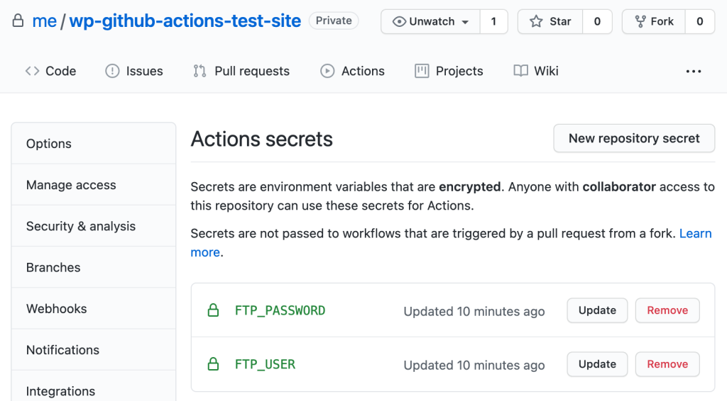 GitHub Actions secrets settings in workflow