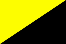 A two colored flag, split diagonally, with yellow at the top and black at the bottom