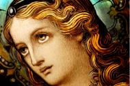 Detail shot of Mary from a stained glass window created in the late 1800's.