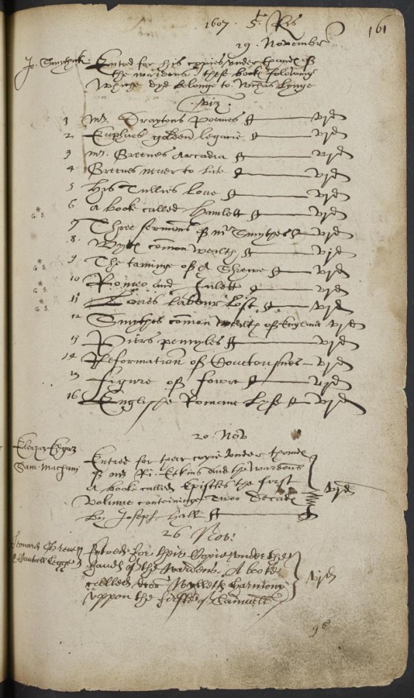 Stationers’ Register entry for the transfer of Hamlet, The Taming of the Shrew, Romeo and Juliet, Love’s Labor’s Lost, and twelve other books in 1607.