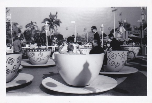 Mad Tea Party at Disneyland c.1960. Guests are seen boarding/exiting the original Mad Tea Party in Disneyland's Fantasyland in this undated photo from around 1960. Other photos in the set are dated between 1959 and 1962. Monstro the Whale, King Arthur Carrousel, and the Skyway can be seen in the background. Evan Wohrman https://www.flickr.com/photos/lyght55/51200454472/ CC BY-SA https://creativecommons.org/licenses/by-sa/2.0/