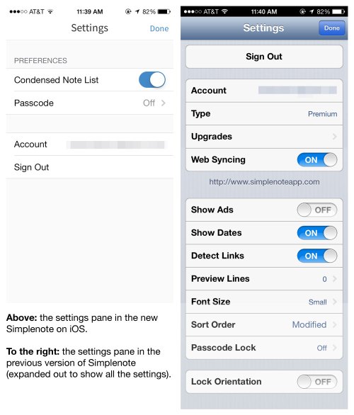 Simplenote old and new side-by-side preferences