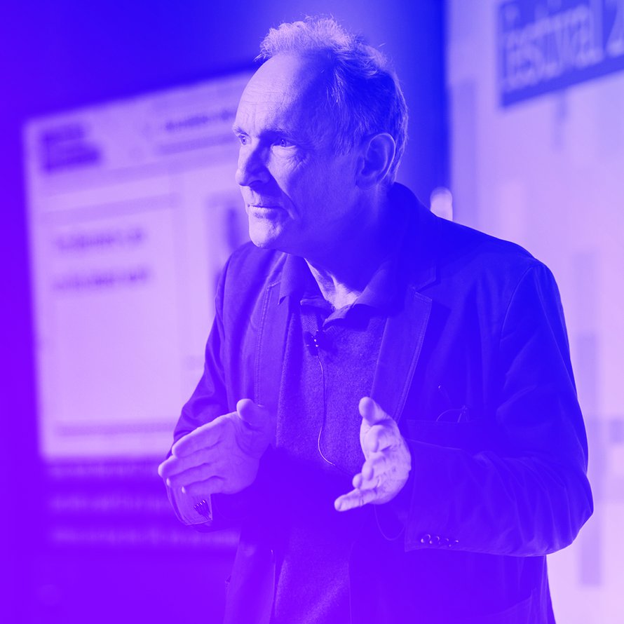 A photograph of Tim Berners Lee on stage at Mozilla Festival 2018.