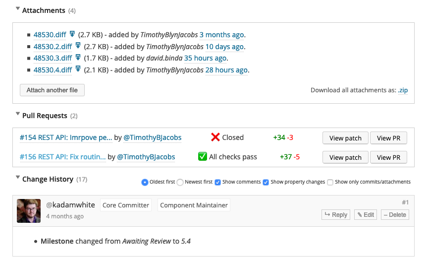 A screenshot of a WordPress Core Trac ticket with the new linked Pull Requests between the ticket attachments and comments.