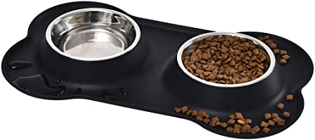 Amazon Basics Dog Bone Shaped Silicone Pet Food and Water Bowl Combo, Black