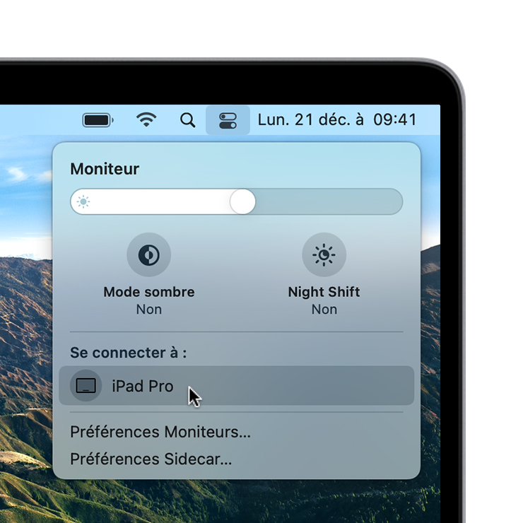 Options Moniteur du Centre de contrôle macOS Big Sur avec le curseur placé sur Se connecter à : iPad