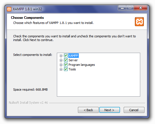 Installing XAMPP: Choose Components Screen