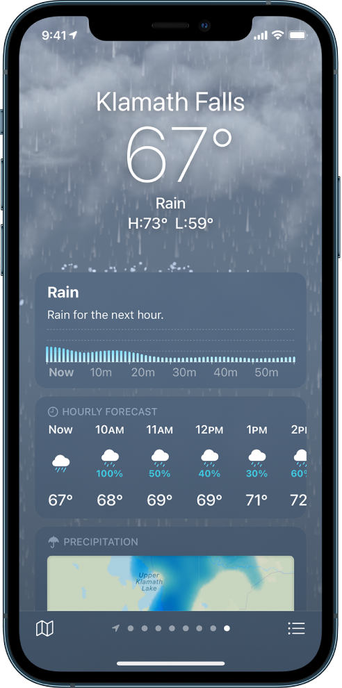 The Weather screen showing the location at the top, and the current temperature and weather condition, which is Rain. Below that is a chart showing the level of rainfall for the next hour in 10-minute increments. Below that is the hourly forecast and a precipitation map. At the bottom-right corner is the Location List button and in the bottom-left corner is the Show Map button.