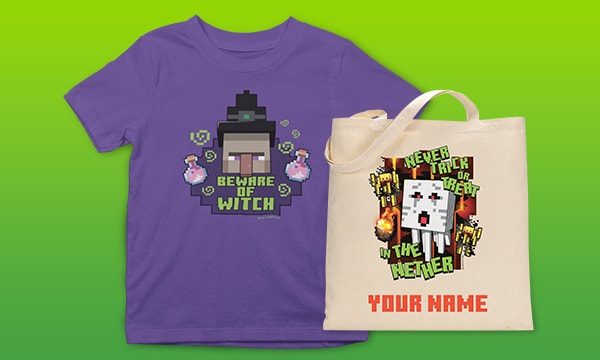 Minecraft never trick or treat bag and Beware of Witch imprinted Tshirt