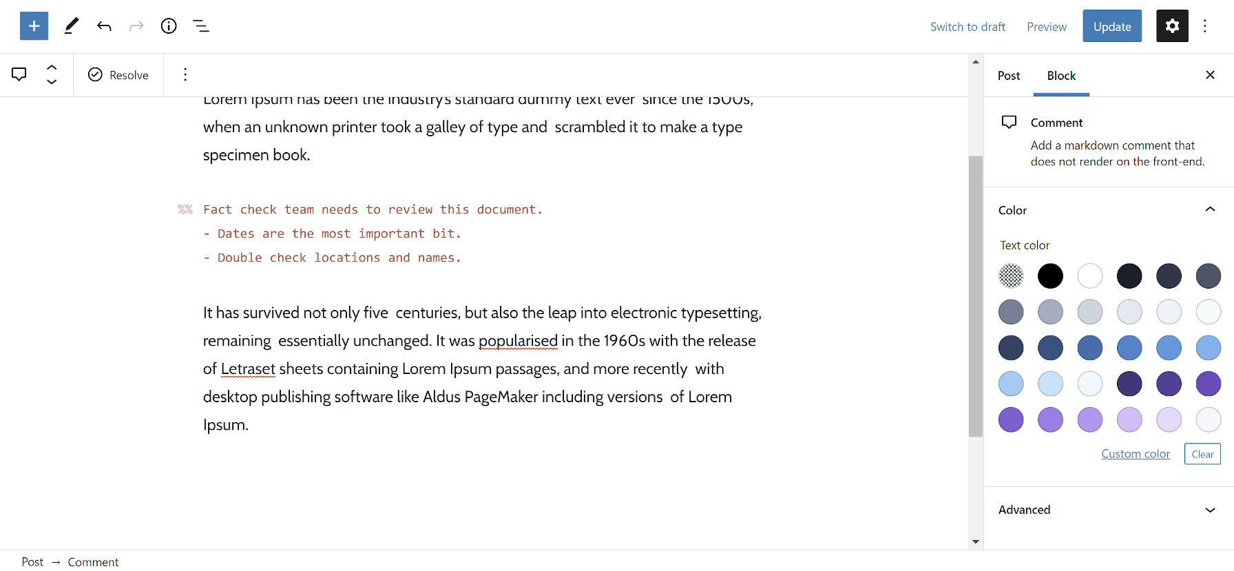 Adding inline comments to the WordPress post editor via the Markdown Comments Block plugin.