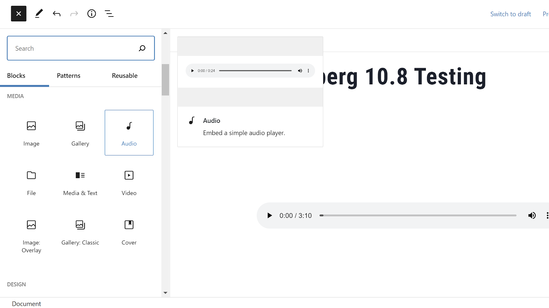 Displaying an audio file preview via the block inserter in the WordPress editor.