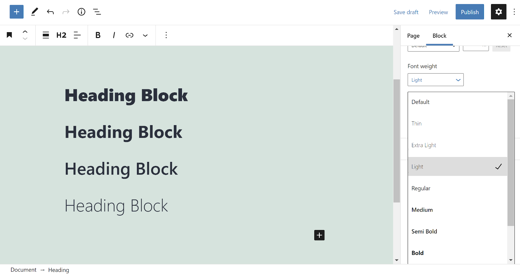 Multiple Heading blocks shown in the WordPress editor with different font weights.