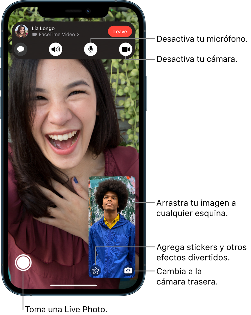 La pantalla de Facetime mostrando una llamada en progreso. Tu imagen se muestra en un rectángulo pequeño en la esquina inferior derecha, y la imagen de la otra persona llena el resto de la pantalla. A lo largo de la pantalla inferior de la pantalla se encuentran los botones Live Photo, Efectos y Regresar a la cámara posterior. Los controles de FaceTime están en la parte superior de la pantalla e incluyen los botones Abrir Mensajes, Audio, Con sonido, Cámara encendida y Compartir contenido. En la parte superior de los controles se muestra el nombre o Apple ID de la persona con la que estás hablando, junto con el botón “Salir de la llamada”.