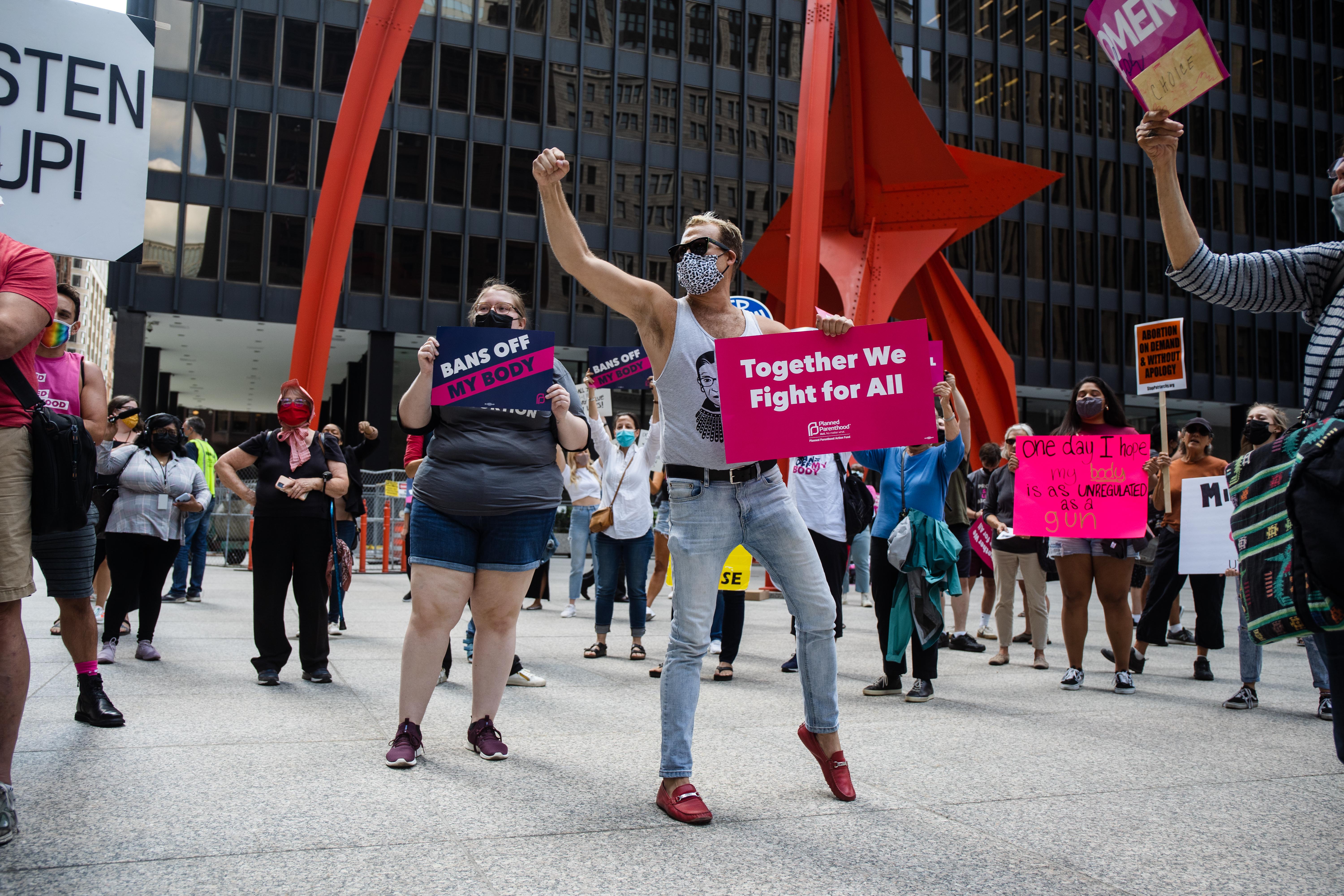 Opponents of Texas’ new law banning most abortions demonstrated at the “Bans Off My Body” rally at Federal Plaza in the Loop, Friday afternoon, Sept. 10, 2021. The rally was organized by several local organizations, including Illinois Handmaids and Planned Parenthood Illinois Action.