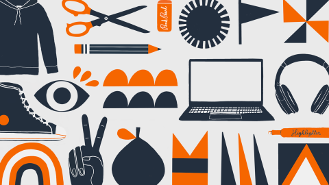 A graphic with illustrations of school supplies, clothing, and technology for back to school. Illustrations are in dark blue and orange. 