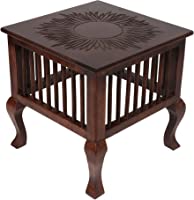 Vudy Mango Wood Walnut Finish Handmade Carving Classic Side Table for Living Room (Brown)