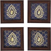 Roshni by Sunita Bali Hand Made Coasters on Brocade Silk with zardozi Embroidery Set of Four Coasters (Dark Blue)