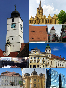 From top, left to right: Council Tower (city symbol) • Lutheran Cathedral • Eyes of Sibiu • Medieval fortifications • Bridge of Lies • City hall and Jesuit Church • Brukenthal Palace • Neo-Baroque palace • modern high-rise buildings