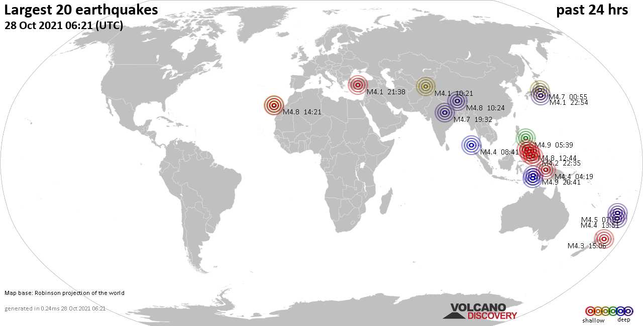 Earthquakes Today: list and maps of the 20 largest earthquakes during the past 24 hours