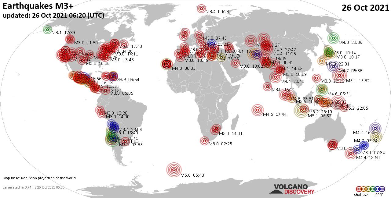 Worldwide earthquakes above magnitude 3 during the past 24 hours on 26 Oct 2021