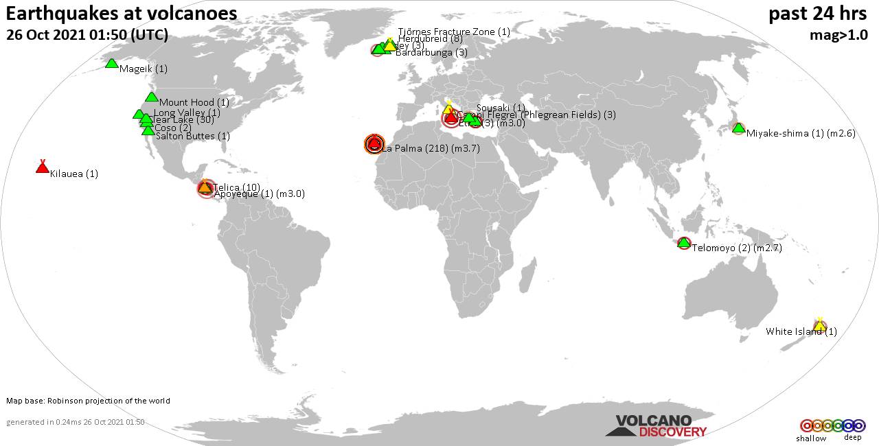 World map showing volcanoes with shallow (less than 20 km) earthquakes within 20 km radius  during the past 24 hours on 26 Oct 2021 Number in brackets indicate nr of quakes.