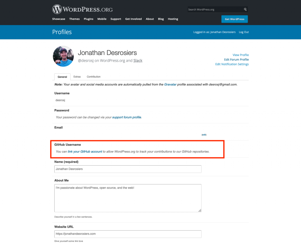 WordPress.org profile edit screen with the GitHub Username section highlighted.