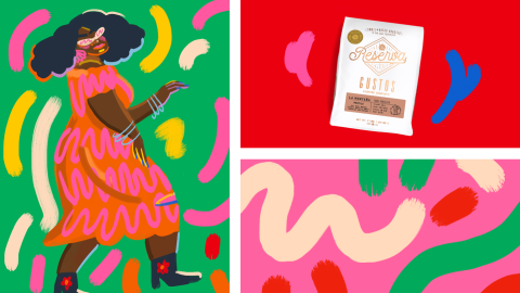 A split image with colorful blocks. One block shows an illustration of a woman dancing, the other a coffee, the other illustrated lines.