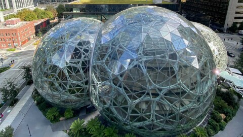A view from Above of The Spheres on Amazon's Seattle campus in the Puget Sound