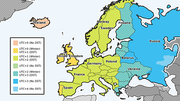 A map showing time zones in Europe.