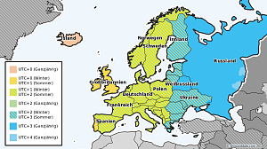 Karte mit Zeitzonen und Zeitumstellungen in Europa