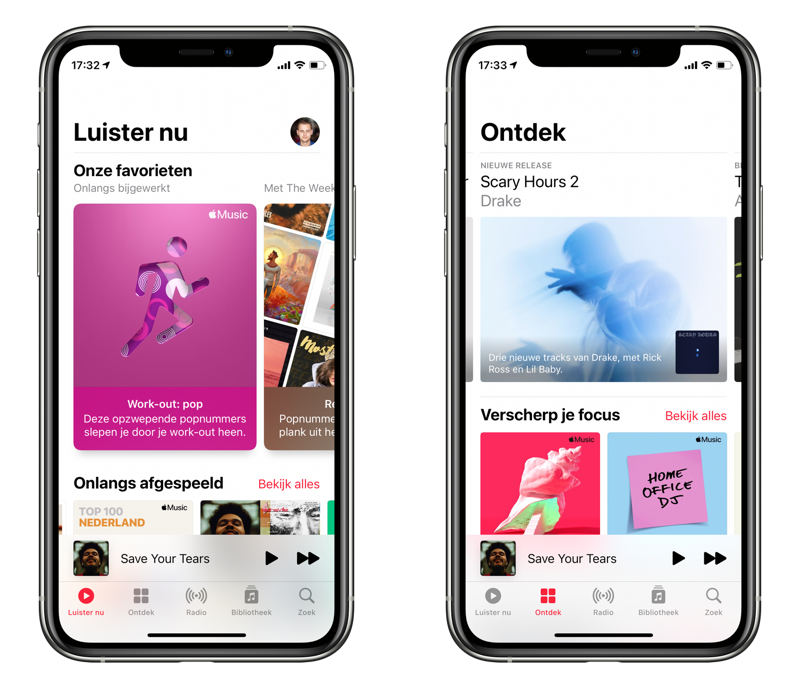 Apple Music-app met Luister nu en Ontdek.