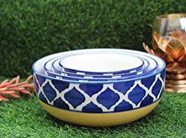 Unique SS Ceramic Classic Mixing and Serving Bowls Set (Blue and Yellow) - Set of 4