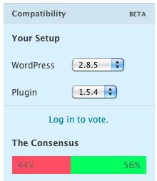 Compatibility: Your Setup: (WordPress Version drop-down) (Plugin Version drop-down). Log in to vote. The Concensus: 44% negative, 56% positive