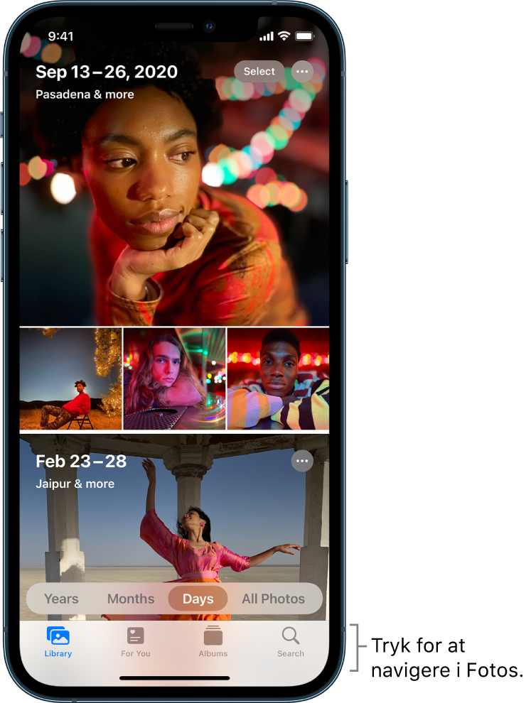 Fotobiblioteket, der vises i oversigten Dage. Et antal miniaturefotos fylder skærmen. Øverst til venstre på skærmen står den dato og den lokalitet, hvor disse fotos blev taget. Øverst til højre findes knapperne Vælg og Flere muligheder, der kan bruges til at dele fotos og se detaljer. Under miniaturerne findes muligheder for at se fotobiblioteket efter År, Måneder, Dage eller Alle fotos. Langs bunden findes knapperne Bibliotek, Til dig, Album og Søg.