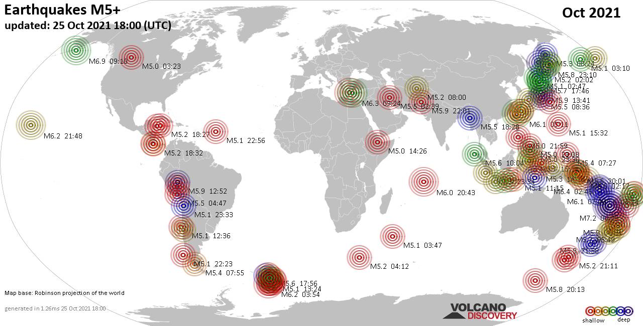 Worldwide earthquakes above magnitude 5 during October 2021