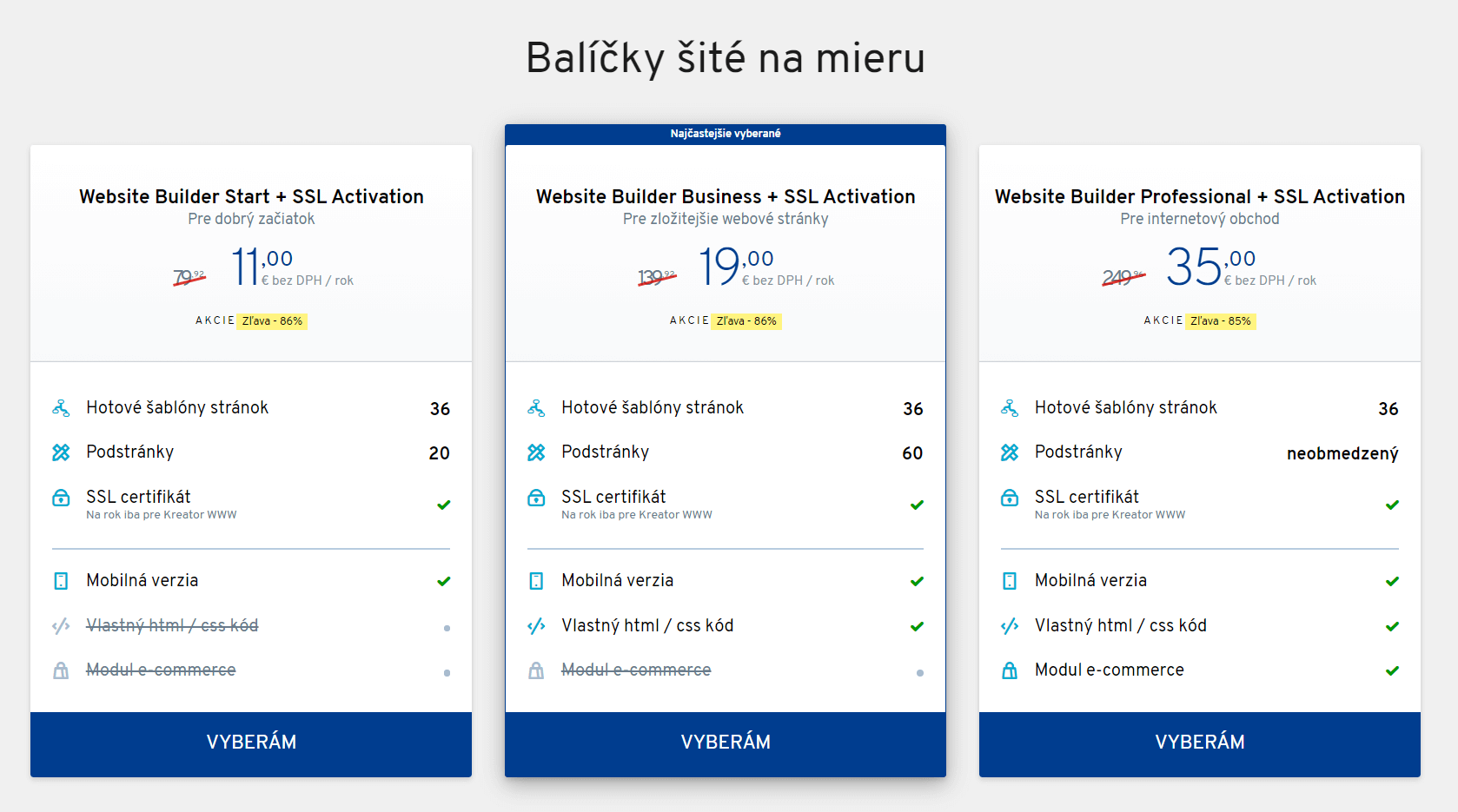 Ponuka pre website builder (platná v čase písania článku)