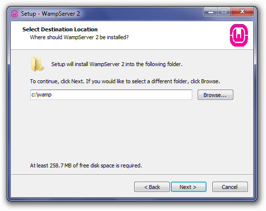 Installing WampServer: Choose Install Location Screen