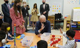 President Joe Biden talks to students during a visit to East End Elementary School to promote his "Build Back Better" agenda, Monday, Oct. 25, 2021, in North Plainfield, N.J. 