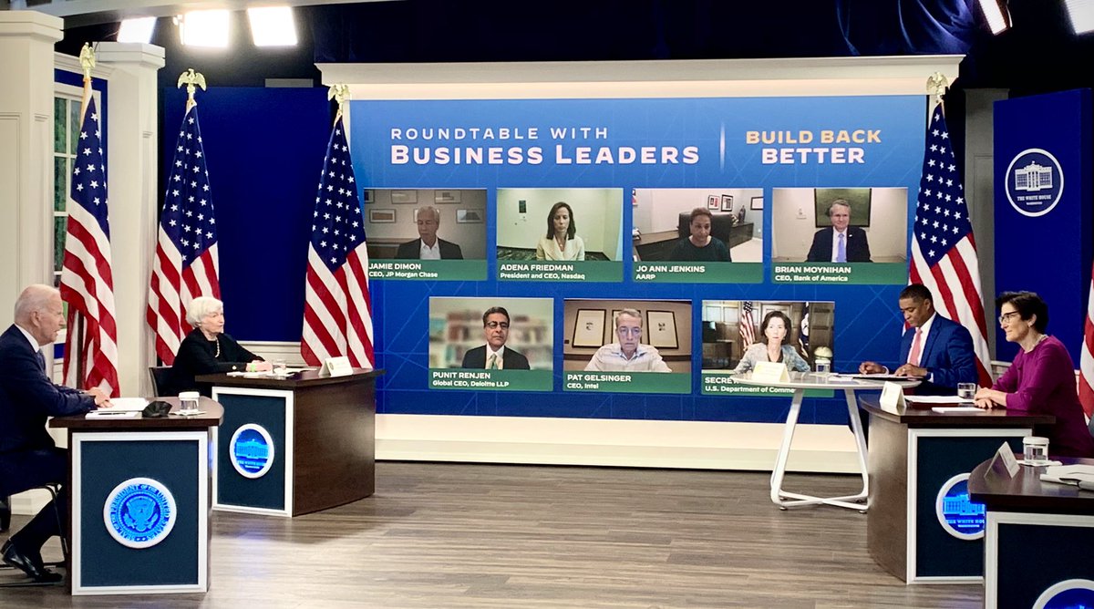 A stage with President Biden and Secretary Yellen on the left, two people on the right, and a screen with virtual attendees in the center. The screen says “Roundtable with Business Leaders | Build Back Better”