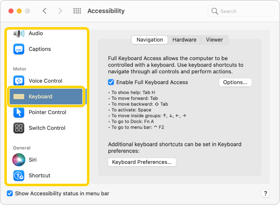 Der Bereich „Tastaturnavigation“ in der Systemeinstellung „Bedienungshilfen“ mit der aktivierten Option „Tastatursteuerung“. In der Liste mit Bereichen in der Seitenleiste ist die Option „Tastatur“ fokussiert und von der Tastatursteuerung hervorgehoben.