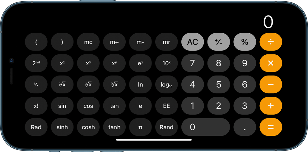 iPhone in landscape orientation showing the scientific calculator with exponential, logarithmic, and trigonometric functions.