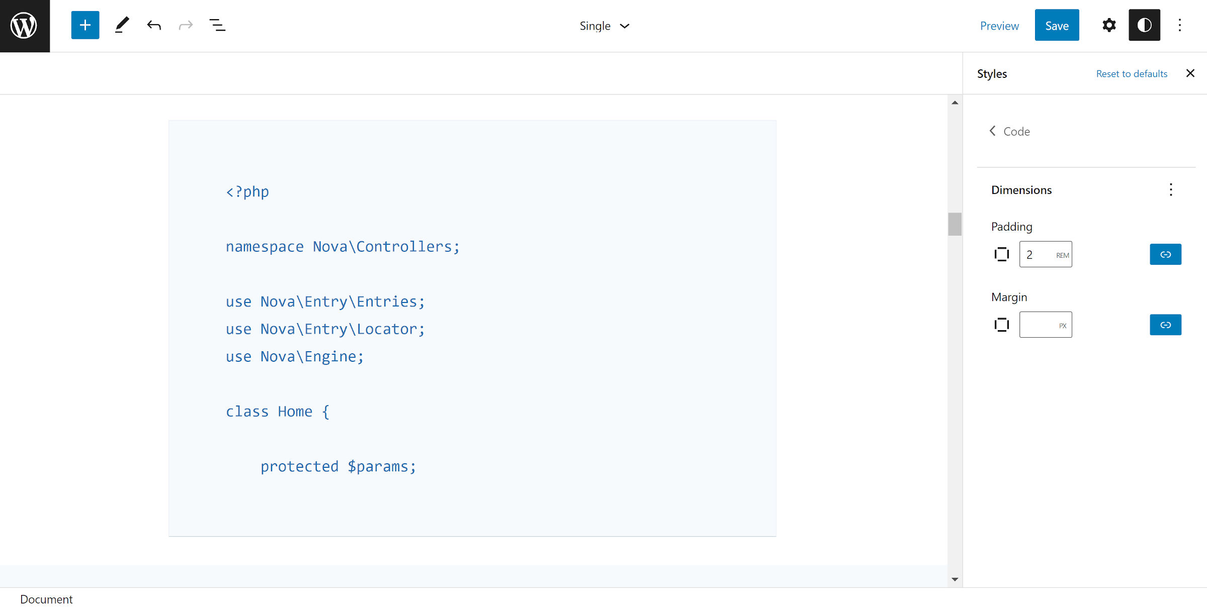 Drilling down to the block level in the Global Styles panel and editing the dimensions for the Code block.