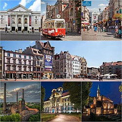 From top, left to right: Silesian Opera, Historic tram (in background Main Post Office), Dworcowa Street, Market square, Szombierki Heat Power Station, High school on Władysław Sikorski Square, The church of St. Margaret