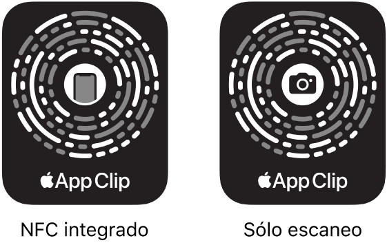 A la izquierda, un código de App Clip con NFC integrado con un ícono de iPhone en el centro. A la derecha , un código de App Clip de escaneo con un ícono de cámara en el centro.