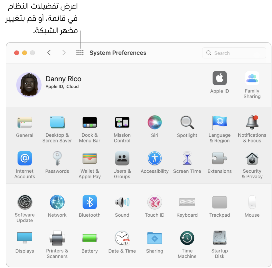 نافذة تفضيلات النظام تُظهر شبكة من الأيقونات. انقر على زر إظهار الكل في شريط أدوات النافذة لإظهار تفضيلات النظام في قائمة، أو لتغيير مظهر الشبكة.