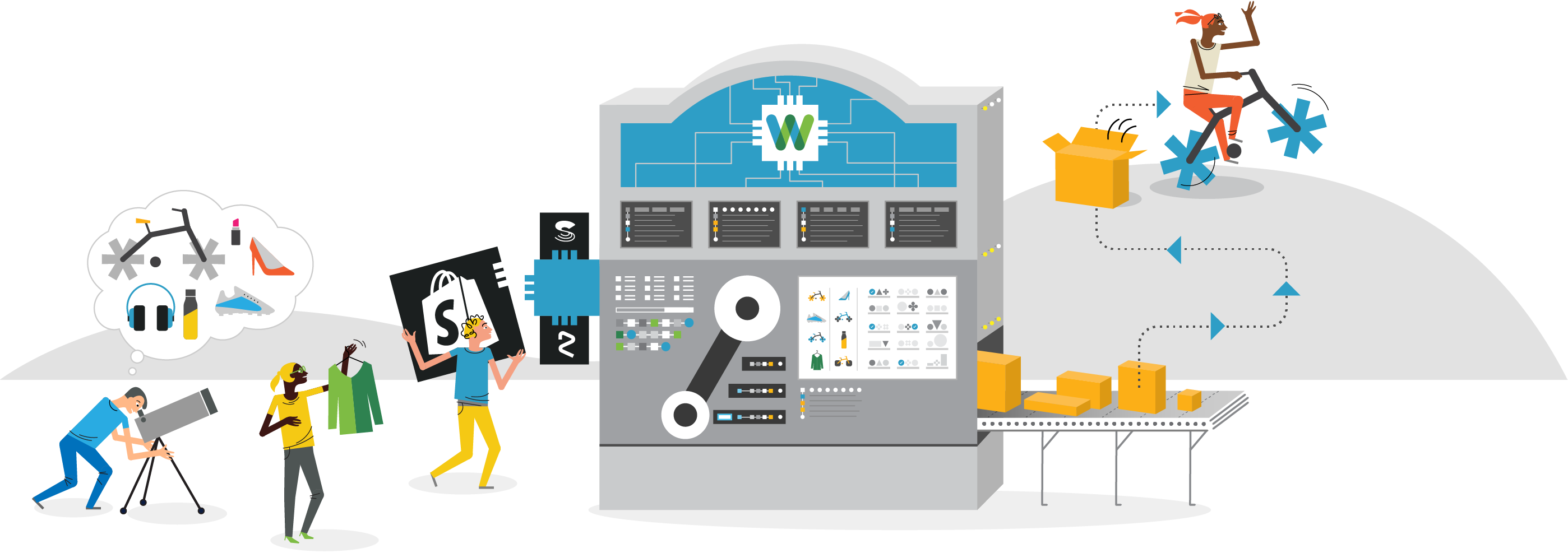 illustration of people interacting with a machine with fulfilment logos on one side and shipping boxes on the other