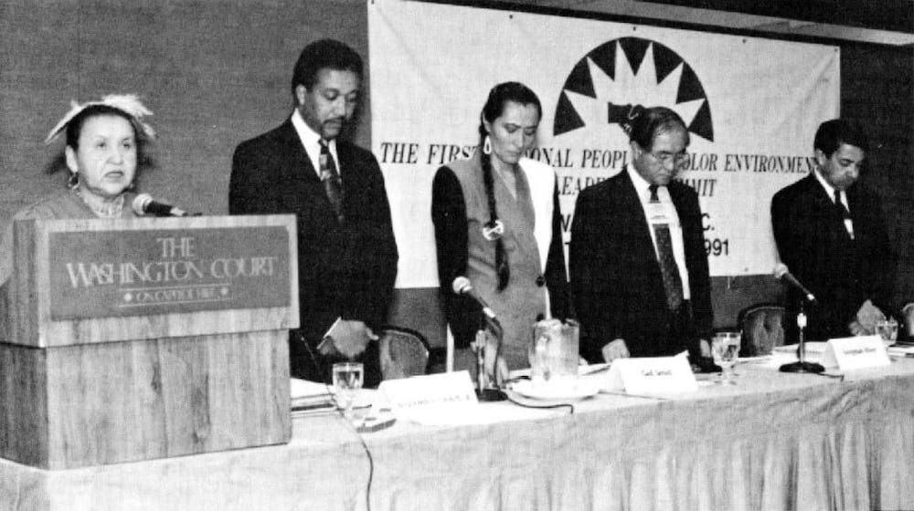 Rose Auger, a Cree spiritual elder, opened the summit asking for spiritual union to all participants. With her, left to right: Benjamin Chavis, Jr., Gail Small, Toney Anaya, Syngman Rhee.